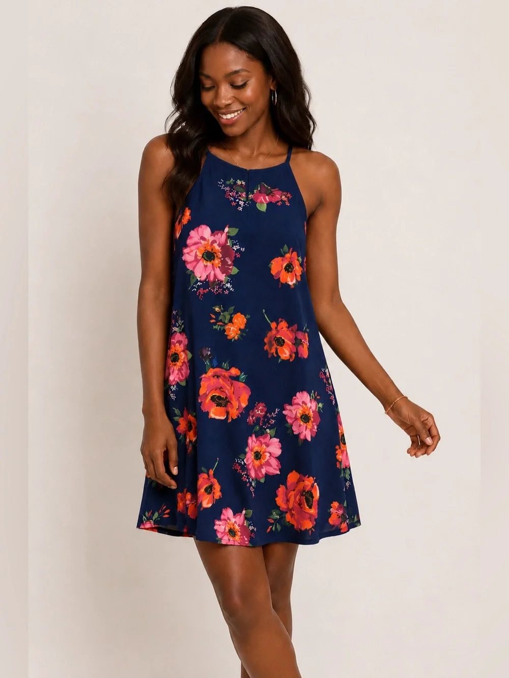 Floral Navy High Neck Swing Dress | Size M (Runs Small)